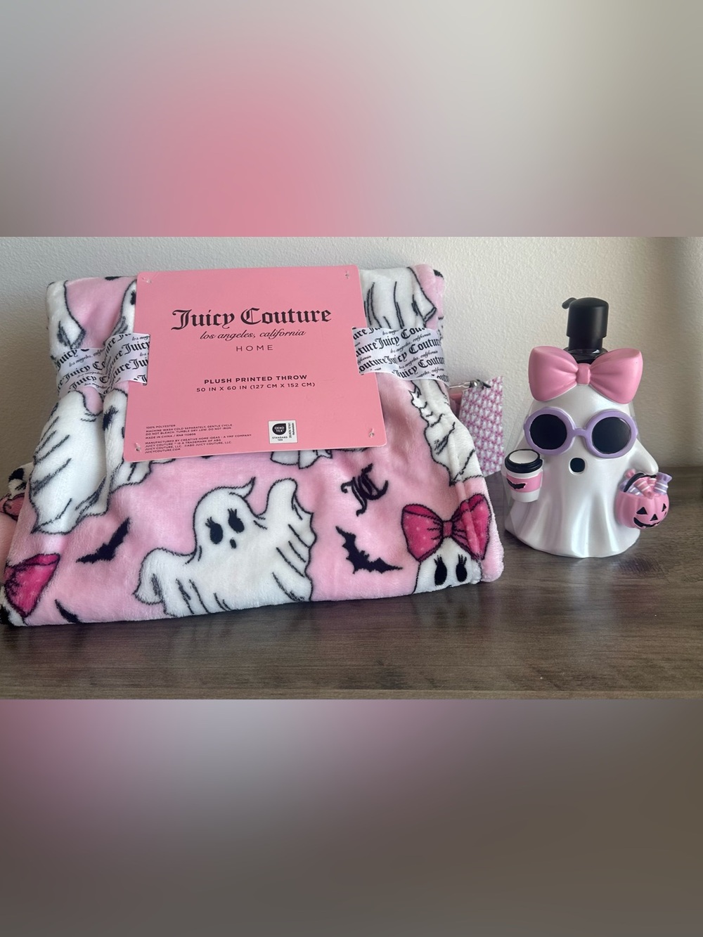 Juicy Couture Blanket set Pink Ghost Plush Throw and ghost soap pump new